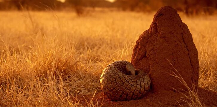 A solitary pangolin curled beside a towering termite mound in the golden light of an African savanna.