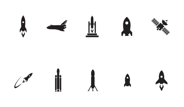 Rocket space ship icons set for startup launch technology and exploration mission project.
