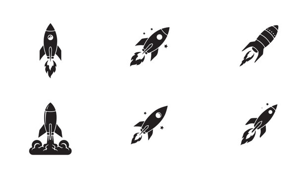 Cartoon rocket ship fire trails and blast off smoke clouds for creative startup branding.