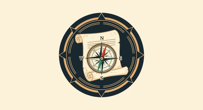 Vintage Compass and Scroll Map Emblem Icon