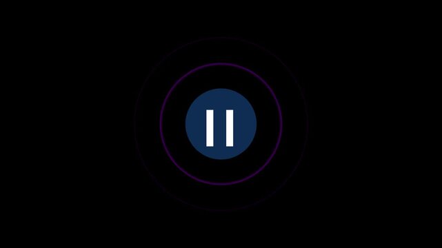 A white pause symbol, depicted as two vertical lines, is centrally placed within a dark blue circle and framed by concentric purple rings, one solid and one glowing, on a black background