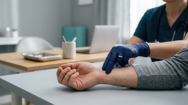 Medical Professional Checking Patient Pulse In Clinic Setting