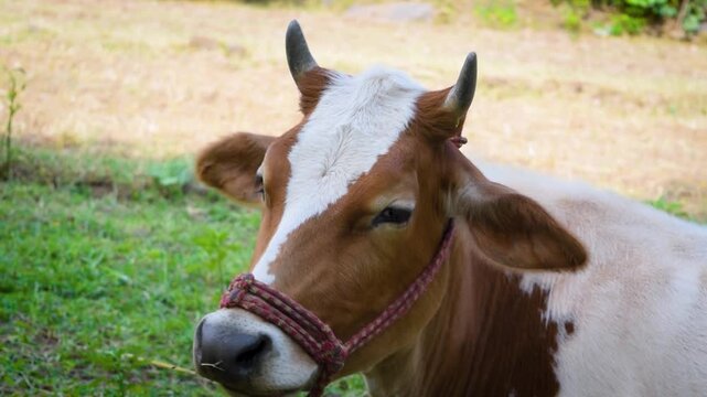 Close up side profile of a horned cow with a red rope halter