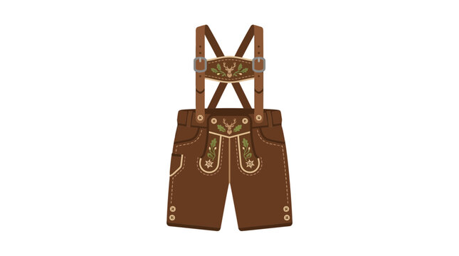 Traditional brown leather lederhosen shorts with suspenders for Oktoberfest celebration.