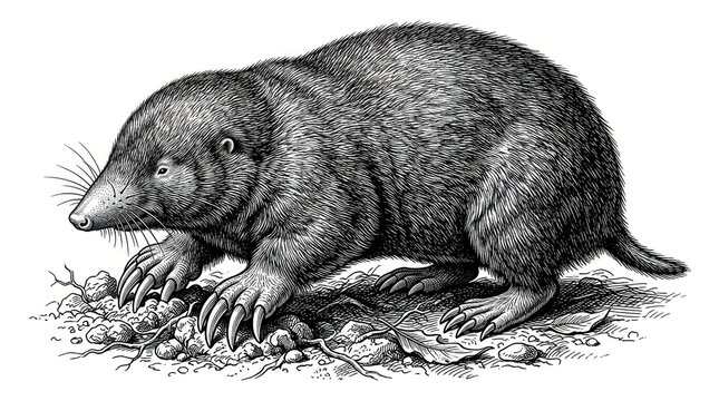 Mole mammal underground digging illustration detailed scientific artwork