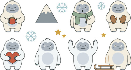 Cute Yeti Cartoon Vector Character Set Featuring Friendly Abominable Snowman Holding Mug, Wearing Scarf, Mittens, Sledding, and Snow Mountains