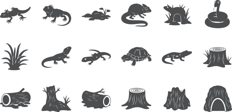Collection of reptile and amphibian silhouettes with plants and tree stumps vector.