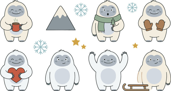 Cute Yeti Cartoon Vector Character Set Featuring Friendly Abominable Snowman Holding Mug, Wearing Scarf, Mittens, Sledding, and Snow Mountains