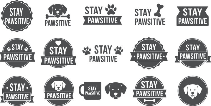 Set of twelve vintage dog paw puns phrases labels and badges with paws and dog silhouette.
