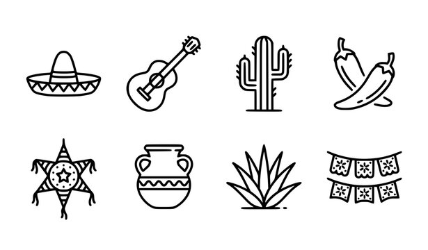 Mexican elements icons collection editable stroke vector illustration set traditional culture symbols isolated on white background
