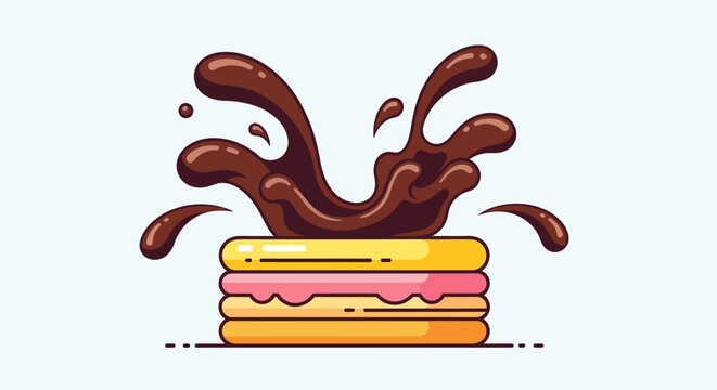 Chocolate sauce splashing on macaroon dessert.