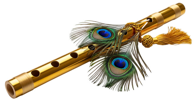 Golden flute with peacock feathers isolated on transparent background
