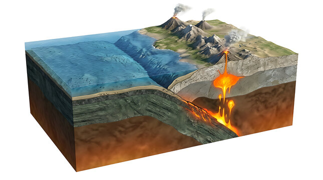 Isolated diagram illustrating tectonic plate boundary with volcanic activity and ocean trench