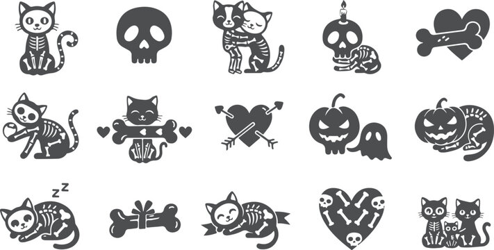 Halloween skeleton cats skulls bones pumpkins ghosts hearts charming spooky gothic vector icons.
