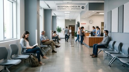 Fototapeta premium Medical Waiting Room Scene With Diverse Patients Seated And Staff At Reception