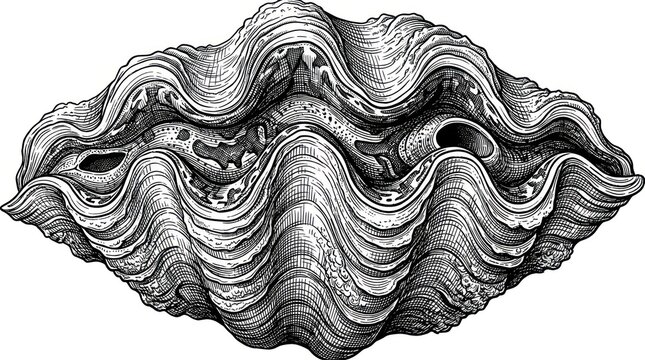 Detailed black and white illustration of a ridged clamshell showing natural texture and pattern