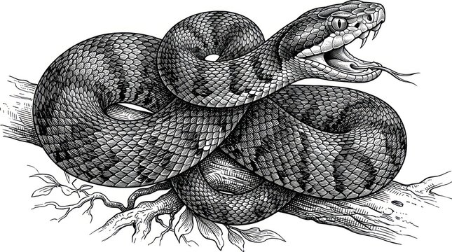 Coiled snake with open mouth and visible fangs in detailed line art illustration