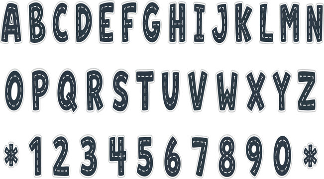 Creative Road Alphabet and Number Set - Highway Street Style Vector Font with Dashed Markings. Ideal for Transportation Projects, Racing Themes, Kids Room Decor, and Educational Typography.