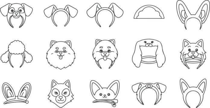 Dog ear headbands and animal costume headwear for parties and dress up, featuring various dog breeds and animal ears.