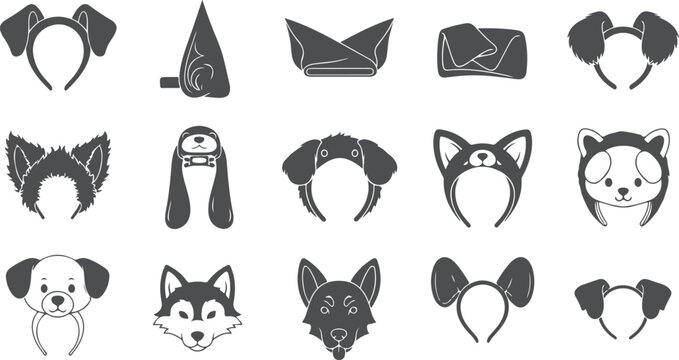 Various dog and animal themed headbands and costume accessories including ears hats and face masks for pet lovers.