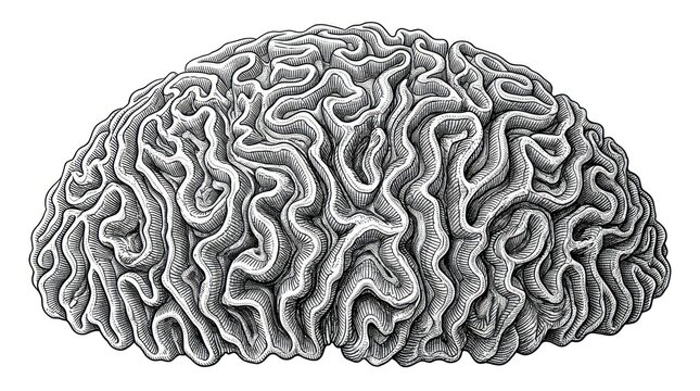 Detailed anatomical illustration of a human brain with intricate folds and convolutions