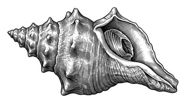 Detailed black and white illustration of a marine gastropod shell