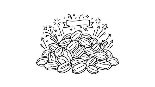 A hand drawn illustration of a large pile of peanuts with festive party decorations.