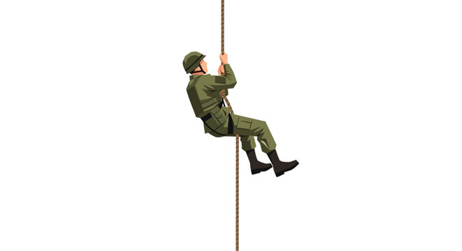 Soldier rappelling down a vertical rope in uniform.