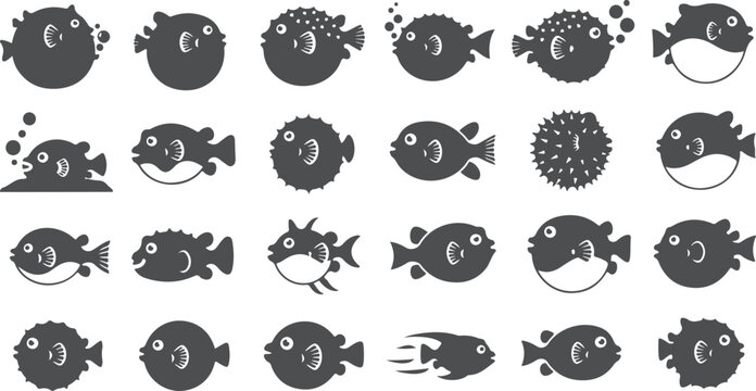 Variety of puffer fish and sea creatures in different poses and inflated states.