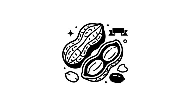 Hand drawn illustration of peanuts in shells and kernels.