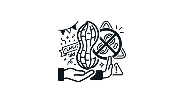 Hand drawn illustration celebrating National Peanut Day with a stylized peanut and warning symbol.