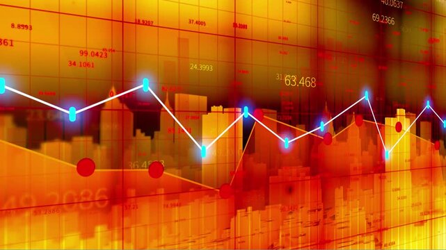 Tableau of Market Values showcasing 4K financial chart and data trend hud graph in tech city in 4K Ultra HD footage.
