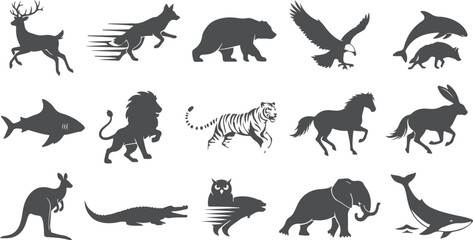 Obraz premium Diverse animal silhouettes for graphic design, wild and domestic animals on transparent background.