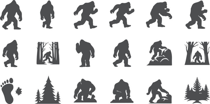 Bigfoot silhouette collection with footprints and trees in various poses and scenes.