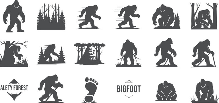 Bigfoot silhouette collection with footprints, trees and signs in various poses.