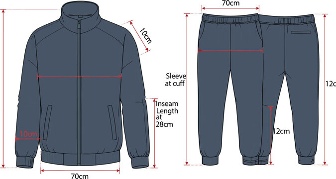 Technical fashion drawing of tracksuit with labeled measurements, jacket and pants flat sketch for garment construction, apparel design, or manufacturing templates.