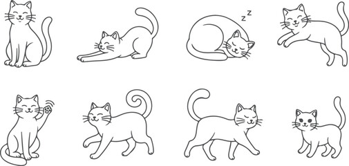 Fototapeta premium Set of cute cats in different poses and activities, line art illustrations on transparent background.