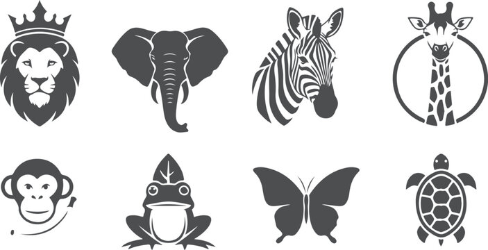 Safari animal heads collection lion elephant zebra giraffe stylized icons vector.