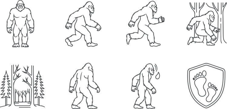 Bigfoot or Sasquatch character action sprite sheet with different poses and footprints.