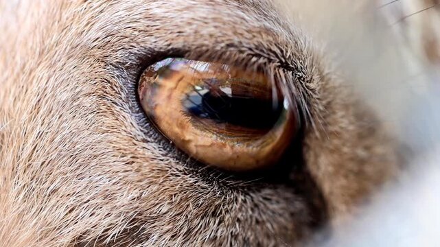 Extreme macro close up of an Astor Markhor wild goat eye gazing forward 180fps Captured in Cinematic High Detail Footage