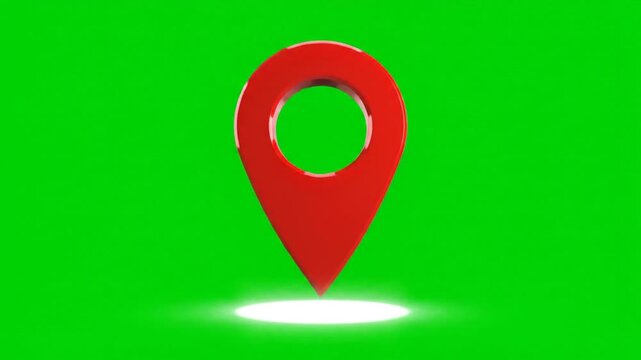 Glossy red 3D map pin icon on green screen