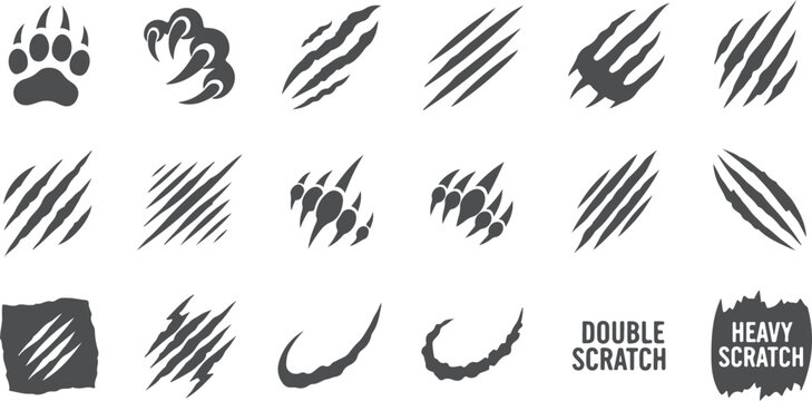 Collection of claw marks scratch lines and paw prints isolated on transparent background graphic elements.