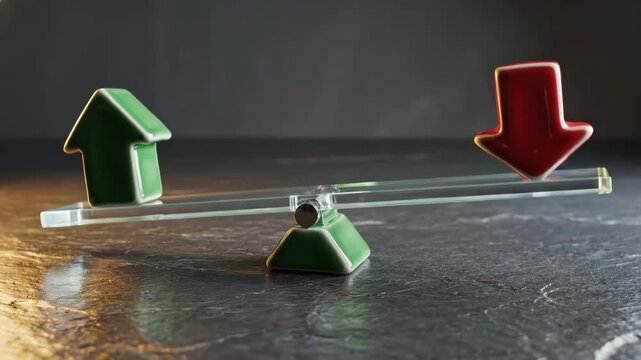 Green up arrow and red down arrow balanced on a seesaw represent market trends