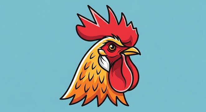 Cartoon rooster with red comb and wattles.