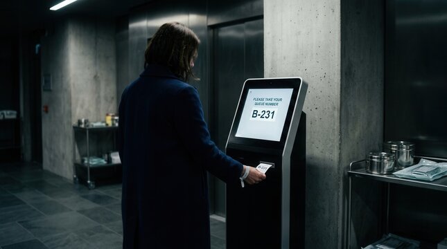 Modern Healthcare Waiting Room With Patient Collecting Queue Number