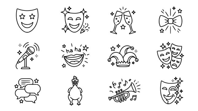 Comedy and Tragedy Masks, Microphone, Champagne, Bow Tie, Jester Hat Icons Set