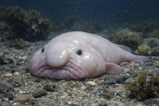 Blobfish resting on ocean floor in deep sea environment. Generative ai, AI generated