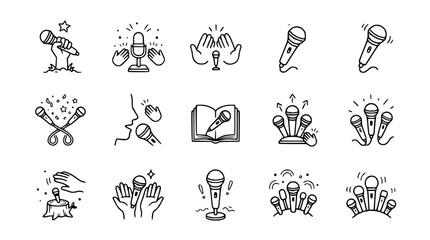 Fototapeta premium Doodle Icons: Microphones, Public Speaking, Performance, Music, Debate, Announcement