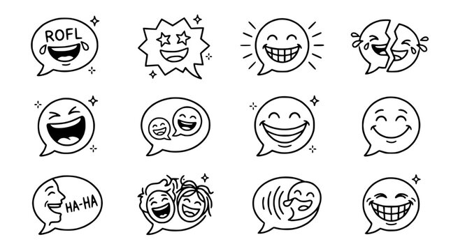 Set of Laughing Emoji Icons in Speech Bubbles - Funny Faces, Joyful Expressions, ROFL, Ha-Ha