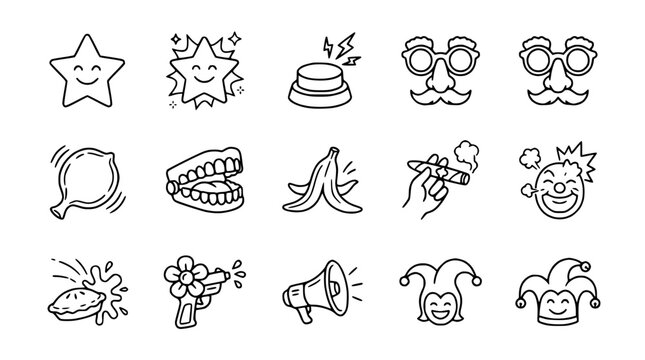 Fun Party Icons: Stars, Gag Gifts, Clown, Jester, and Prank Elements